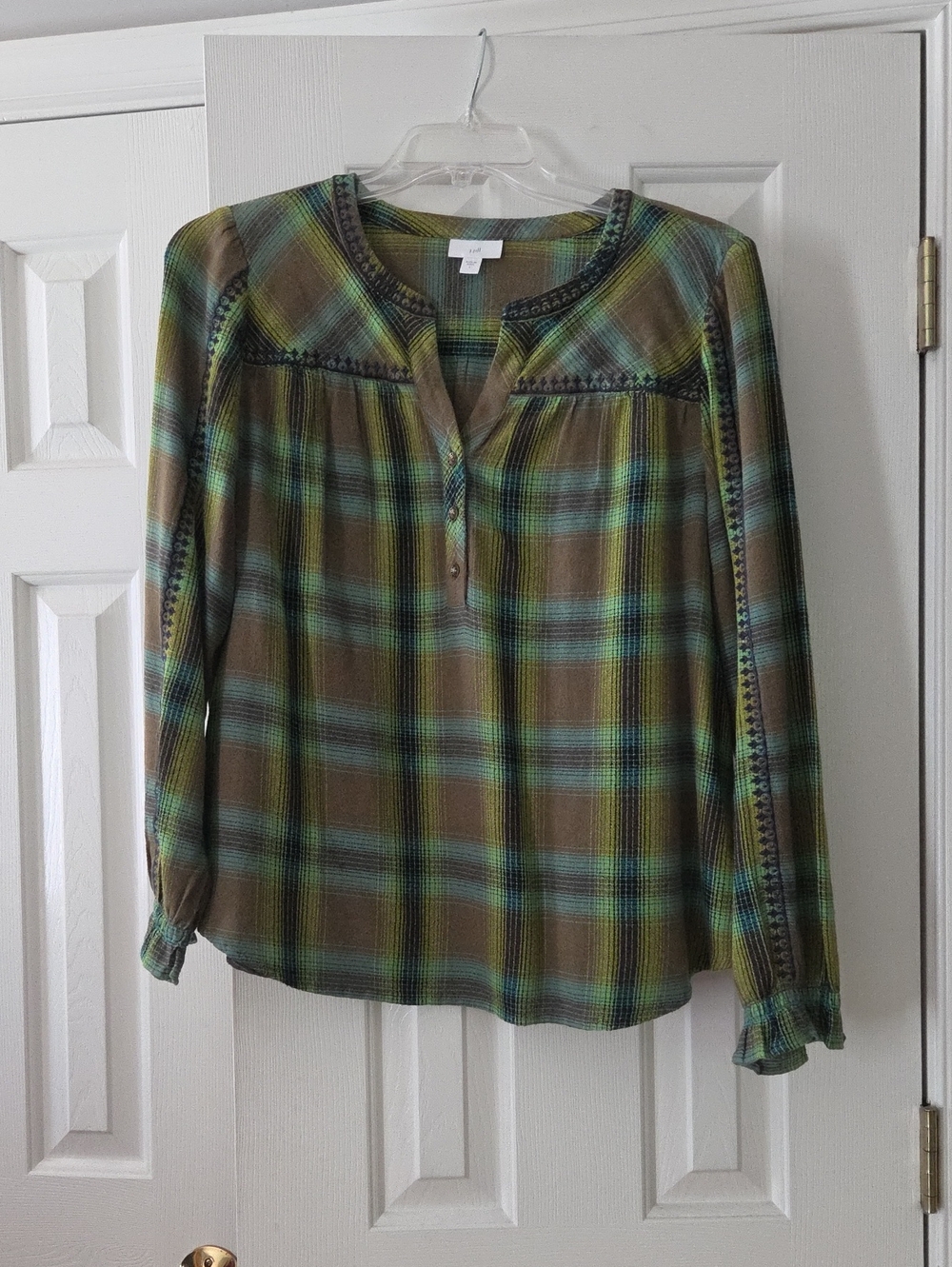 J. Jill Olive Green Plaid Peasant Blouse with Navy Embroidery